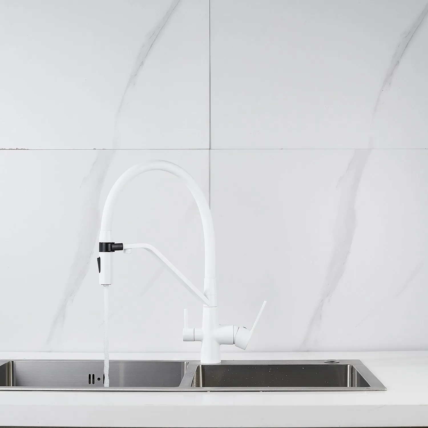 Смеситель для кухни с гибким изливом и подключением фильтра Shevanik S278C, белый