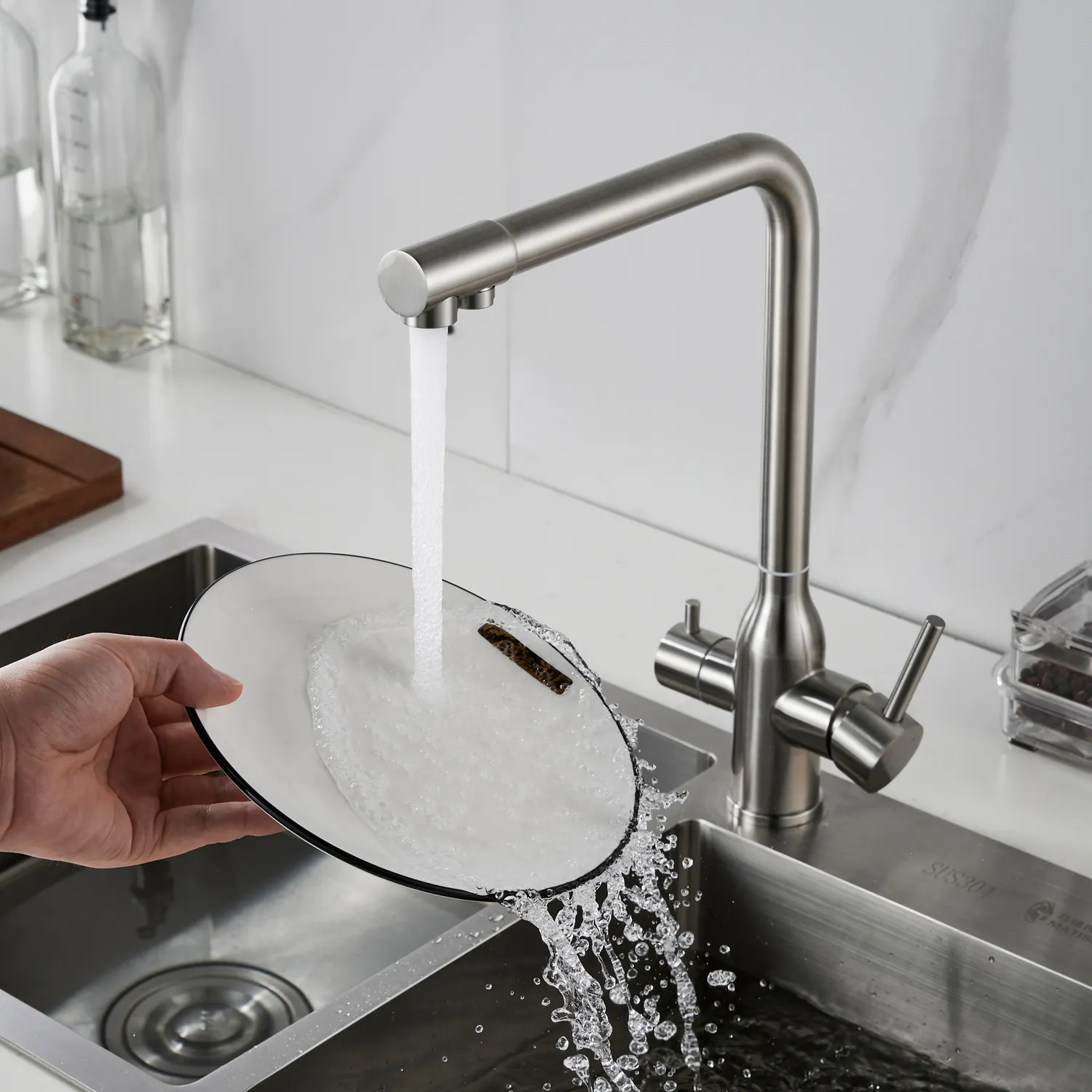 Смеситель для кухни с подключением фильтра Shevanik S248L, сатин