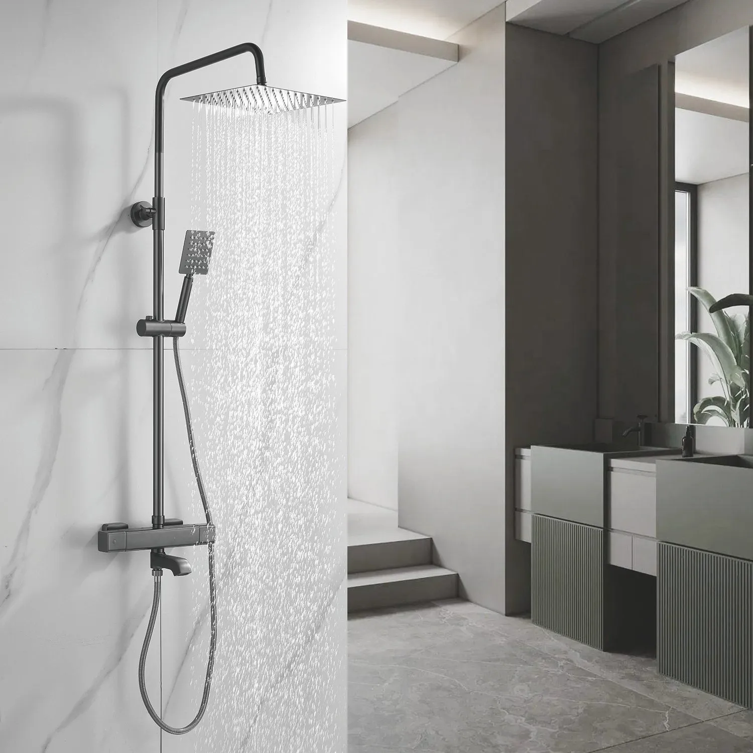 Душевая система c термостатом Shevanik S3096T, оружейная сталь