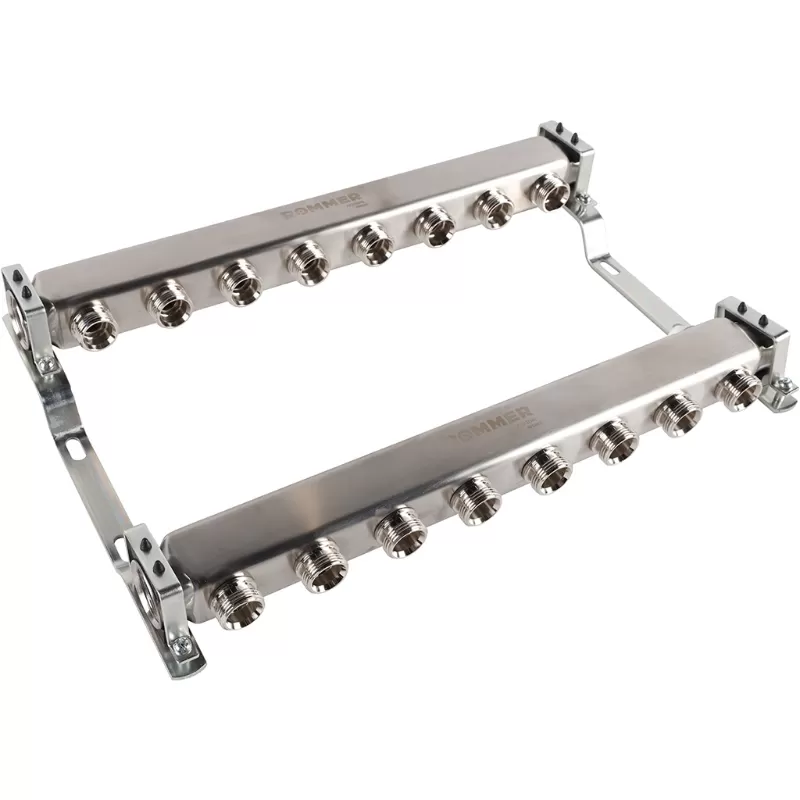 Коллектор Rommer 1"x3/4" на 8 контуров для радиаторной разводки (нерж. сталь) (RMS-4401-000008)