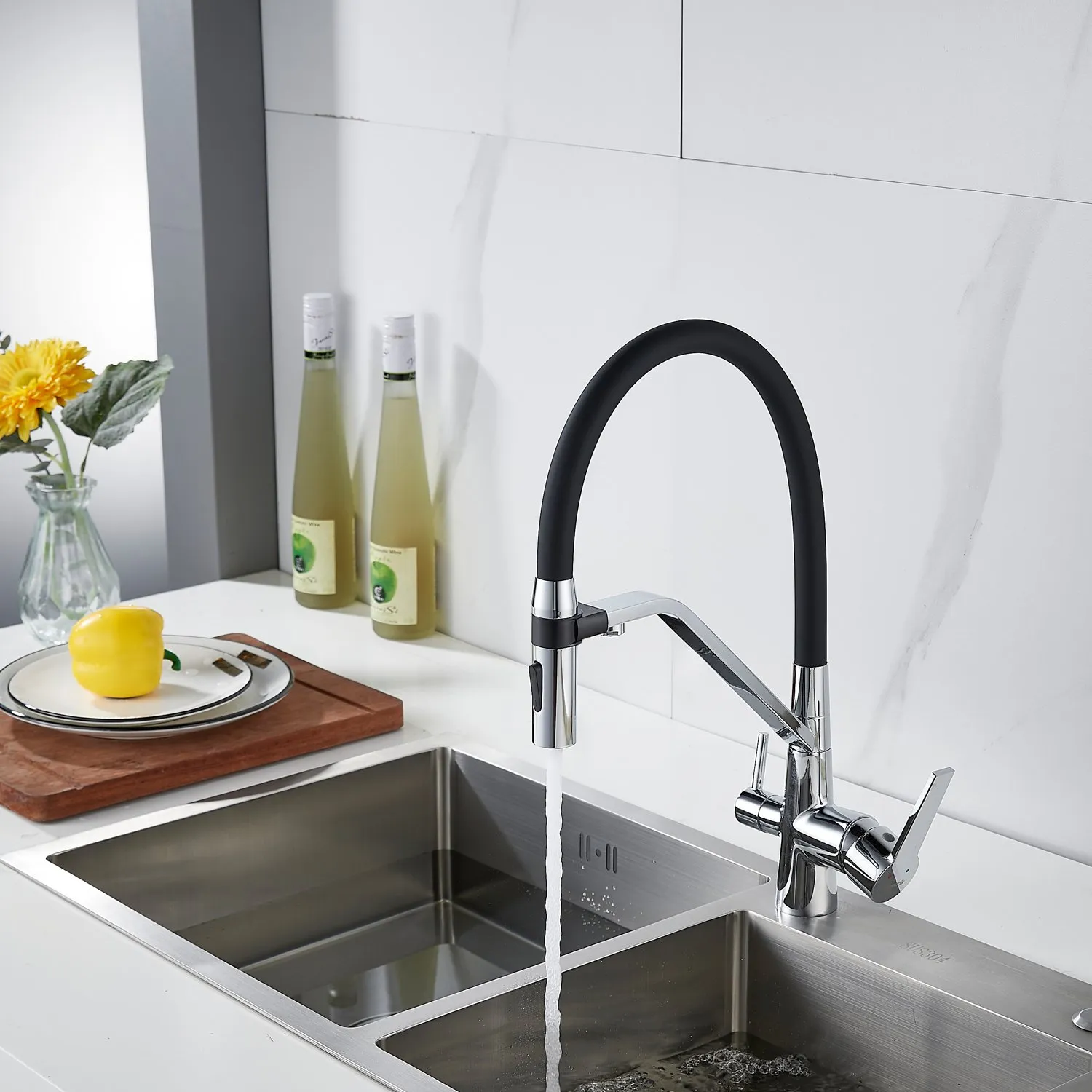 Смеситель для кухни с гибким изливом и подключением фильтра Shevanik S278, хром