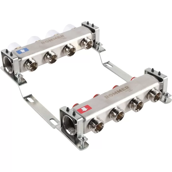 Коллектор Rommer 1"x3/4" на 4 контура с запорными клапанами (нерж. сталь) (RMS-3200-000004)