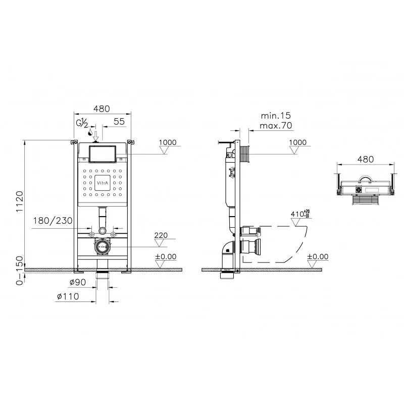 9856B003-7207 Комплект Vitra: Integra Square подвесной Безободковый унитаз + тонкое сиденье МЛ/БС+ инсталляция + панель смыва хром глянец