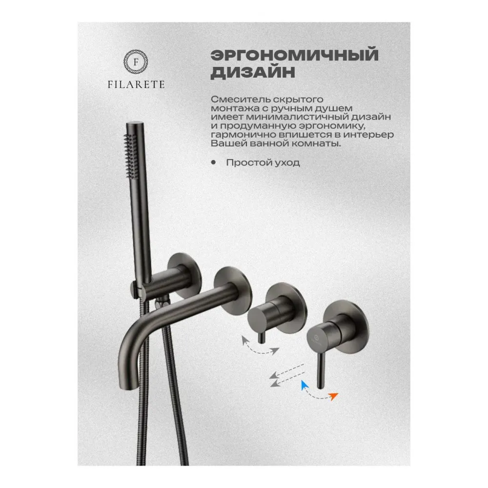 Смеситель для ванны встраиваемый FILARETE Roun FL2122BG, графит