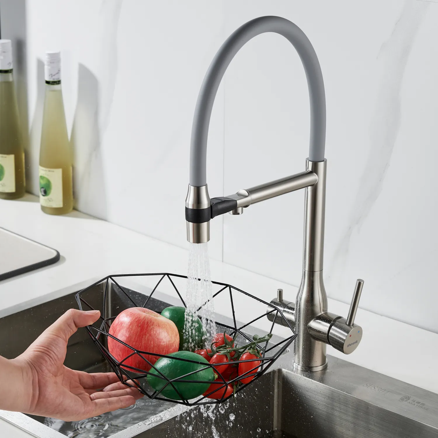 Смеситель для кухни с гибким изливом и подключением фильтра Shevanik S378L, сатин