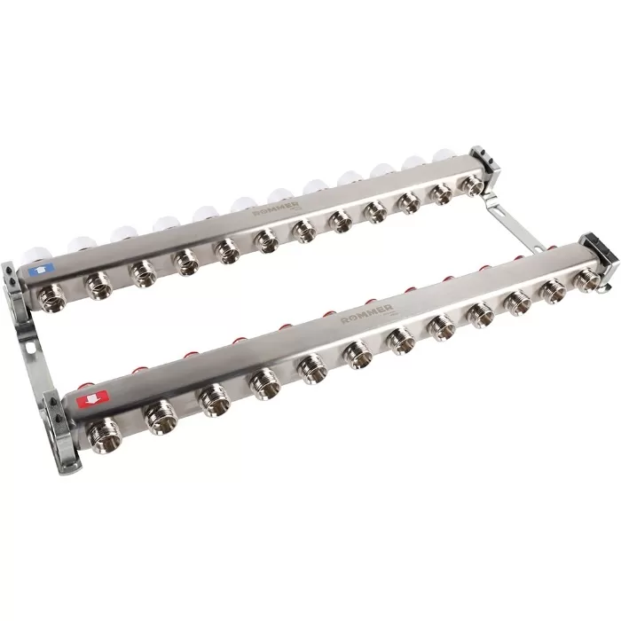 Коллектор Rommer 1"x3/4" на 12 контуров с запорными клапанами (нерж. сталь) (RMS-3200-000012)