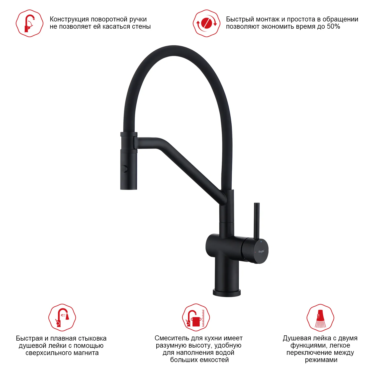 Смеситель Raglo для кухни со съемным гибким изливом, с магнитным фиксатором излива (R86.41.06)