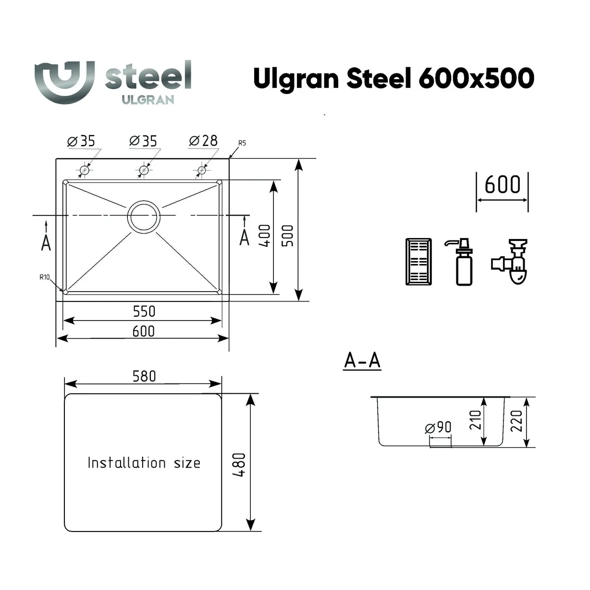 Кухонная мойка Ulgran Steel 600х500, брашированная сталь