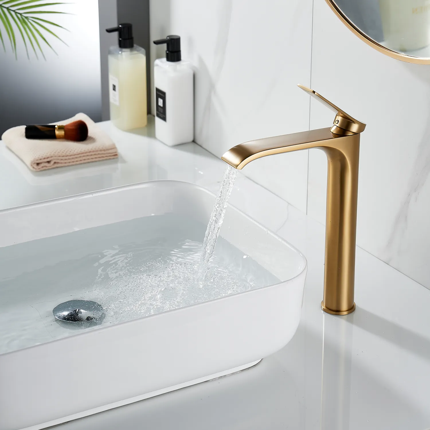 Смеситель для раковины высокий Shevanik S4111G, золотой сатин