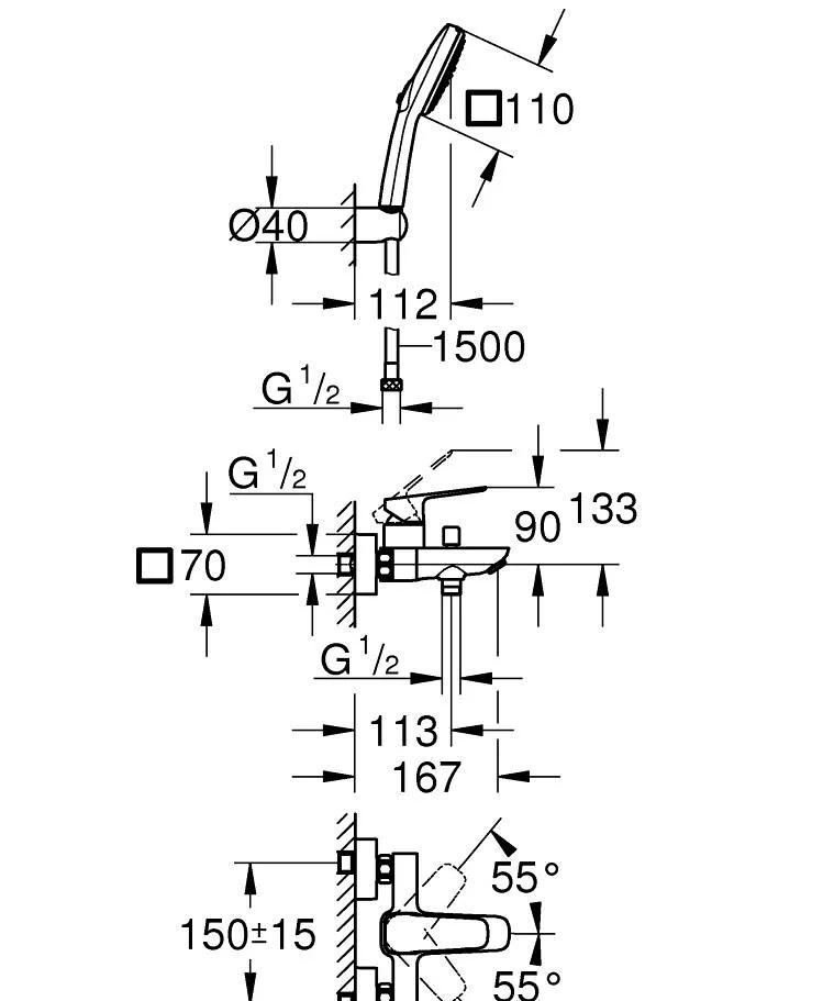 1018140000 CUBEO Смеситель однорыч для ванны с душ гарнитур (руч душ Tempesta Cube 110, 2 реж., держатель, шланг Relexaflex 1500 мм), хром