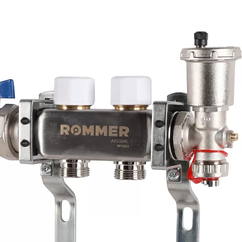 Коллектор Rommer 1"x3/4" на 2 контура с расходомерами в сборе (нерж. сталь) (RMS-1210-000002)