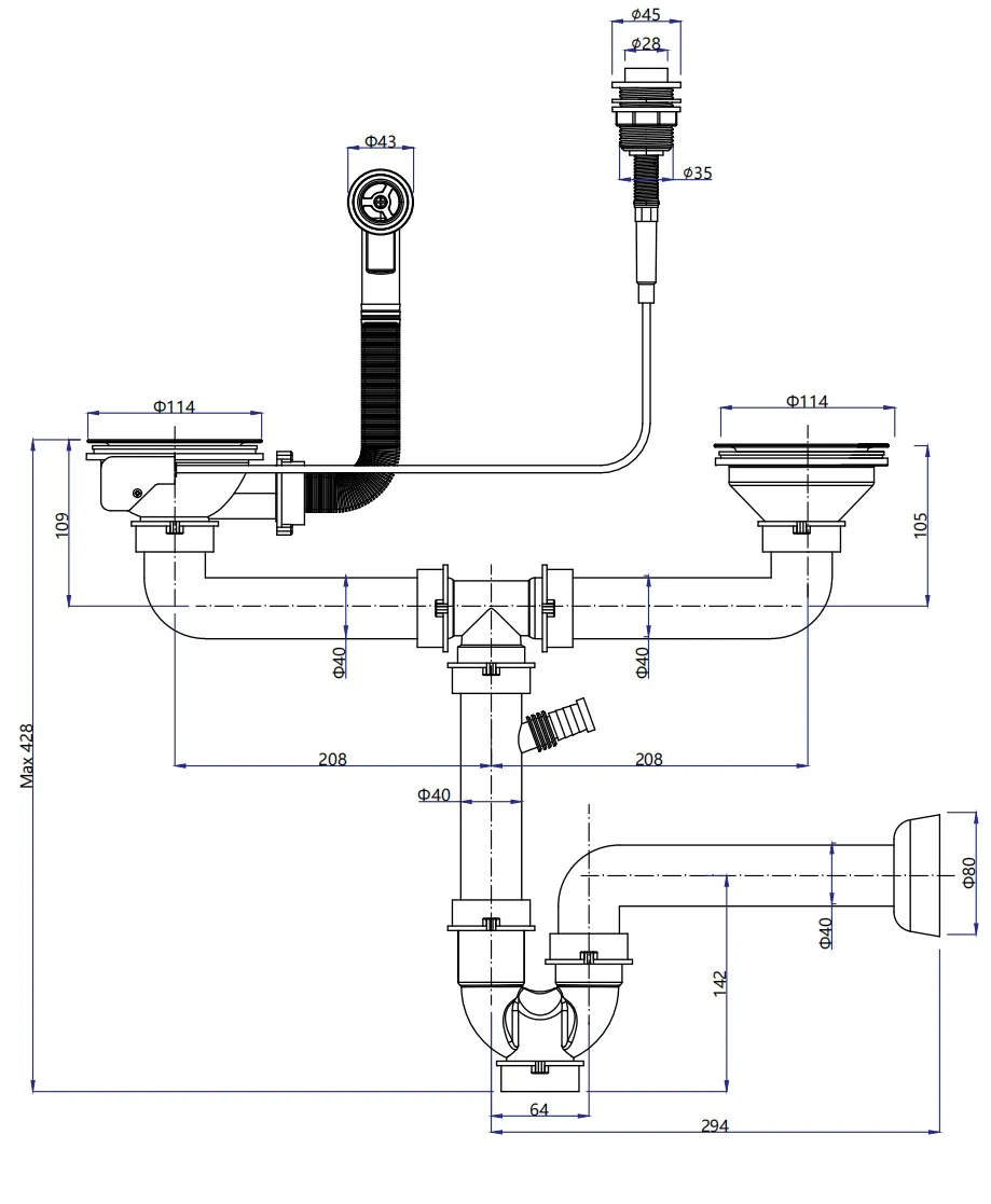 Сифон двойной  3 1/2" п/авт с круг пер черный