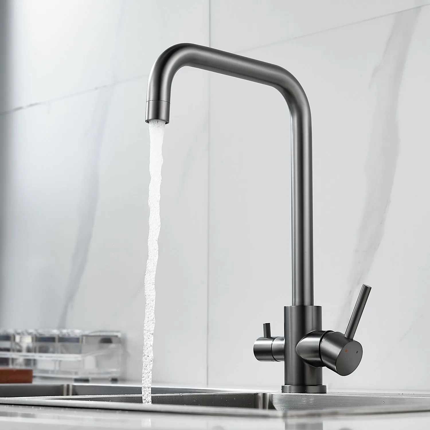 Смеситель для кухни с подключением фильтра воды Raffine F118T, оружейная сталь