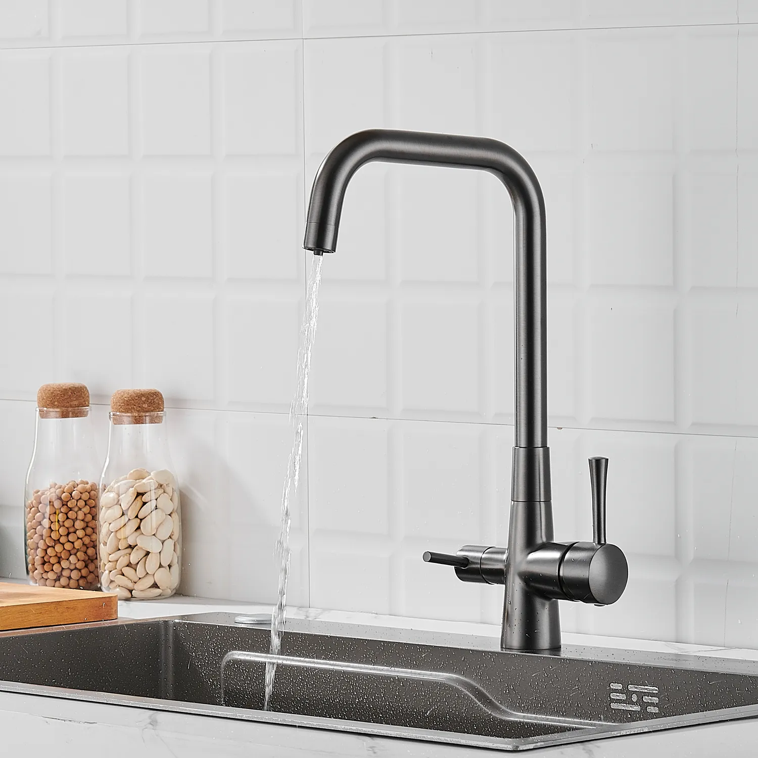 Смеситель для кухни с подключением фильтра Shevanik S528T, оружейная сталь