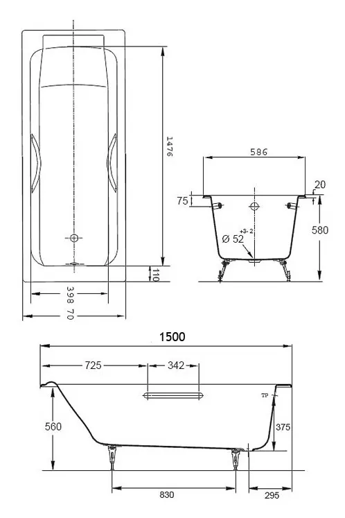 Ванна чугунная Jacob Delafon Parallel (E2949) 150х70 с отверстиями для ручек