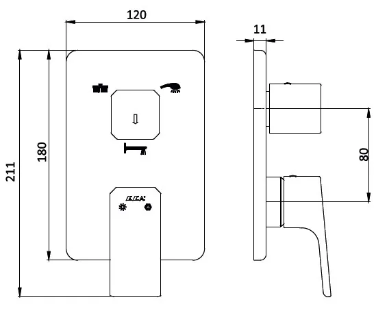 Смеситель для ванны  E.C.A. TIERA  3 режима (внешняя часть) матовый черный (102167305C1EX-K)