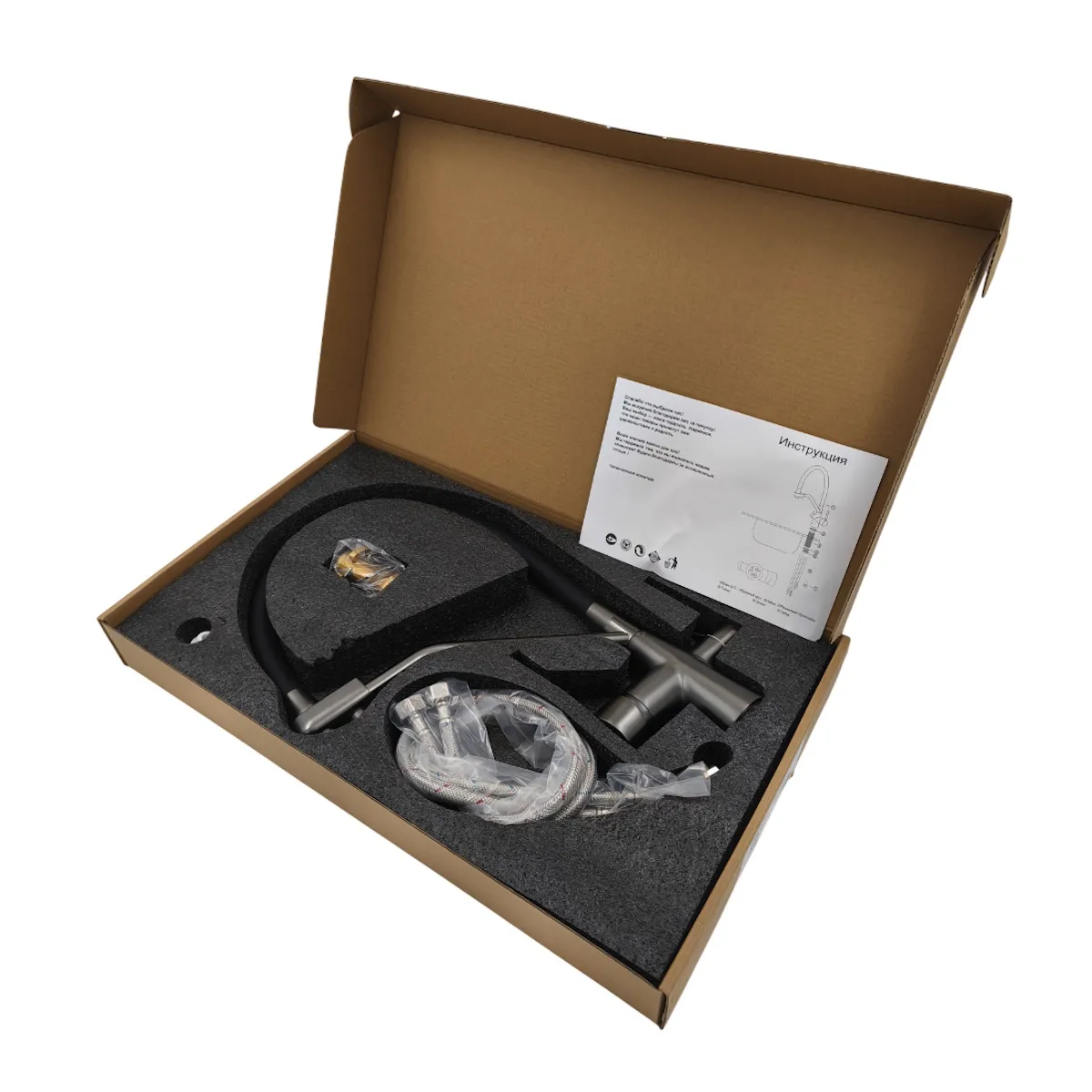 Смеситель для кухни с гибким изливом и подключением фильтра Maretti Eleganza EN31RGF14, оружейная сталь