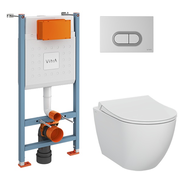 9856B003-7200 Комплект Vitra: Mia Round подвесной Безободковый унитаз + тонкое сиденье МЛ+ инсталляция + панель смыва матовый хром