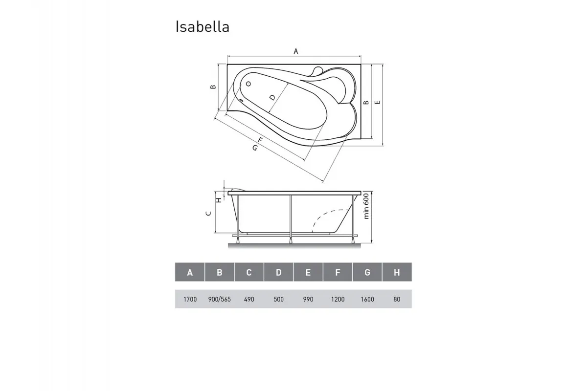 Ванна акриловая правосторонняя Relisan ISABELLA Гл000010530, 170x90