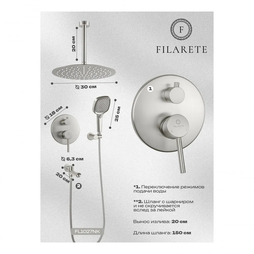 Душевая система встраиваемая FILARETE Roun FL1027NK, никель