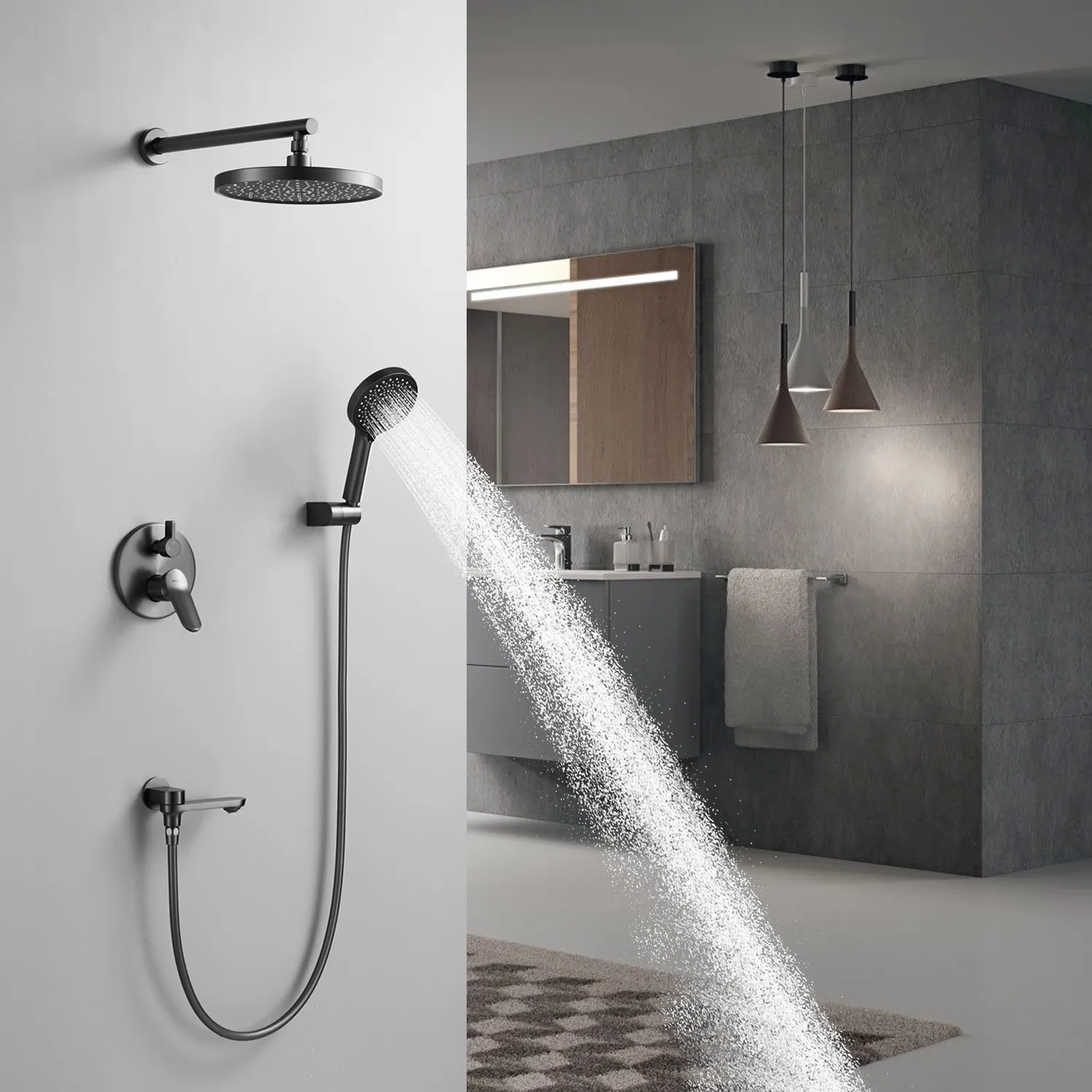 Душевая система встраиваемая Shevanik S4335T, оружейная сталь