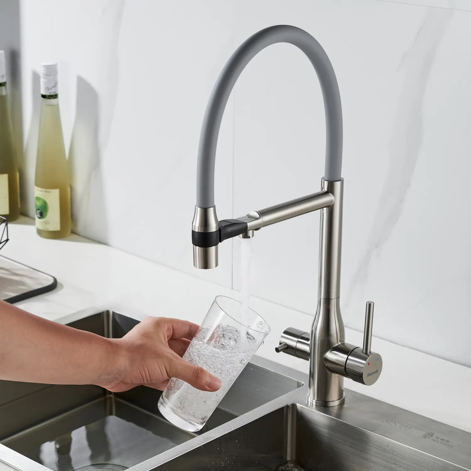 Смеситель для кухни с гибким изливом и подключением фильтра Shevanik S378L, сатин