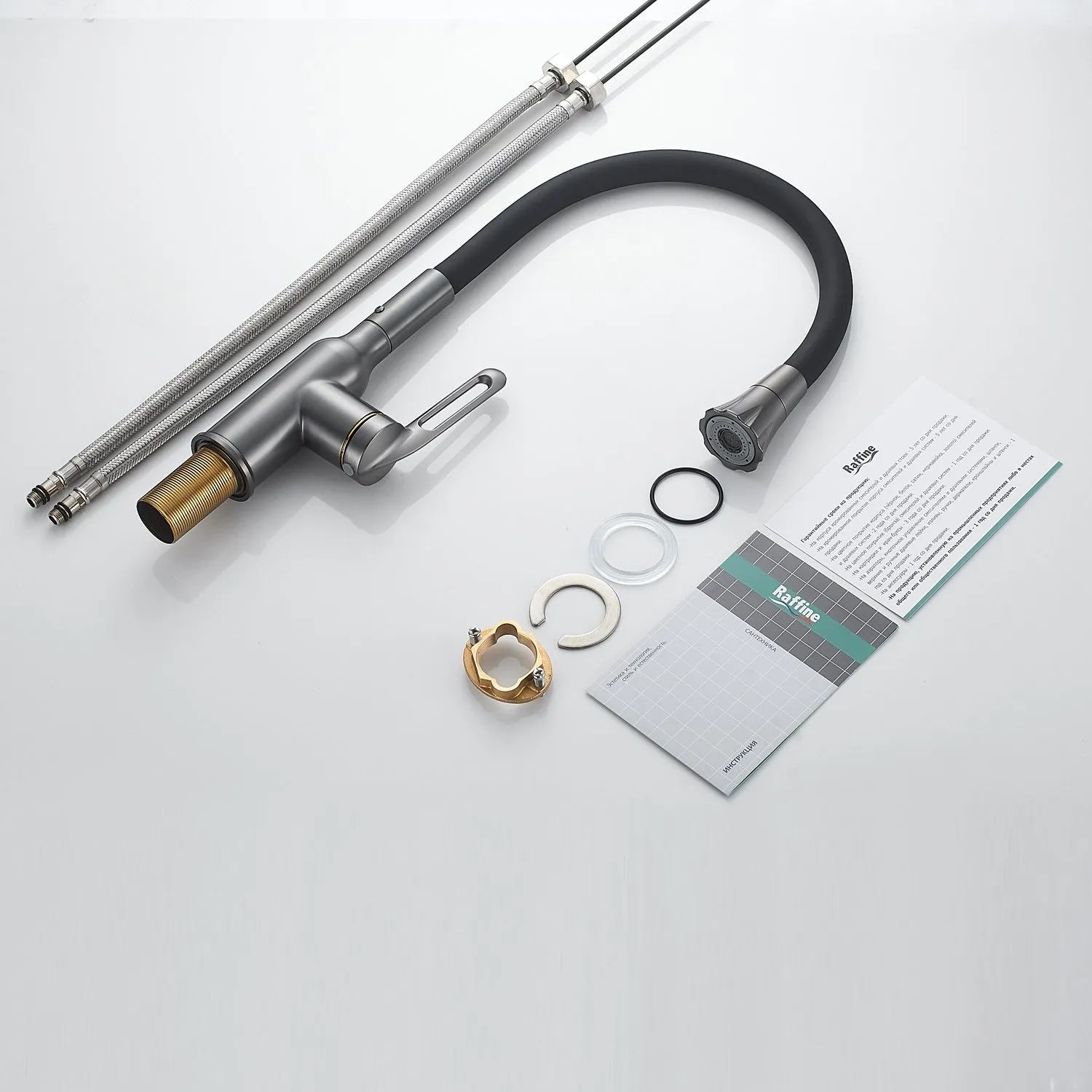 Смеситель для кухни с гибким изливом Raffine F303T-3, оружейная сталь