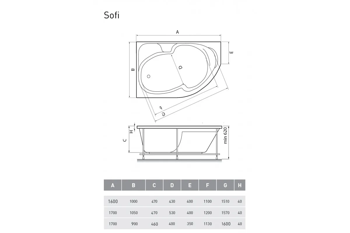 Ванна акриловая левосторонняя Relisan SOFI Гл000009446, 170x105