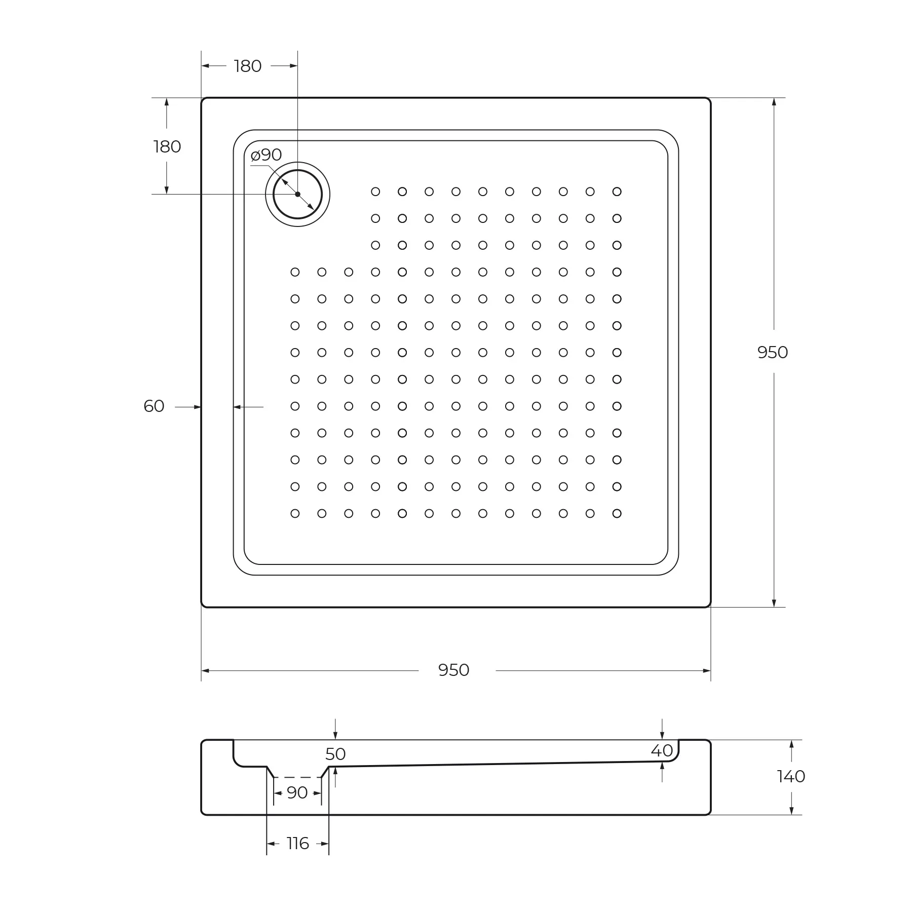 Акриловый поддон Cezares 950х950 мм, белый (TRAY-A-A-95-15-W)