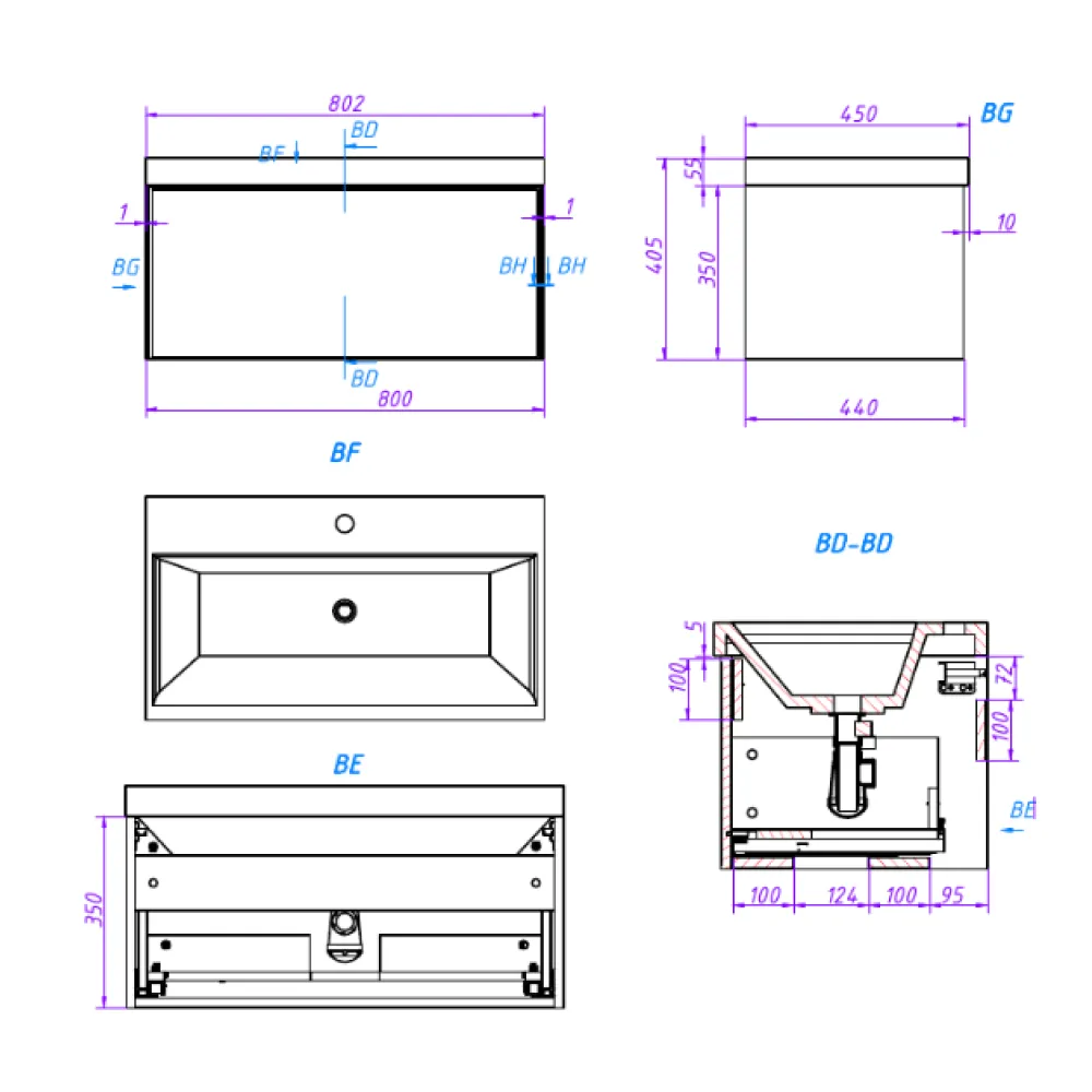 Тумба под раковину подвесная La Fenice SIMPLA FNC-01-SIM-BG-80, синяя