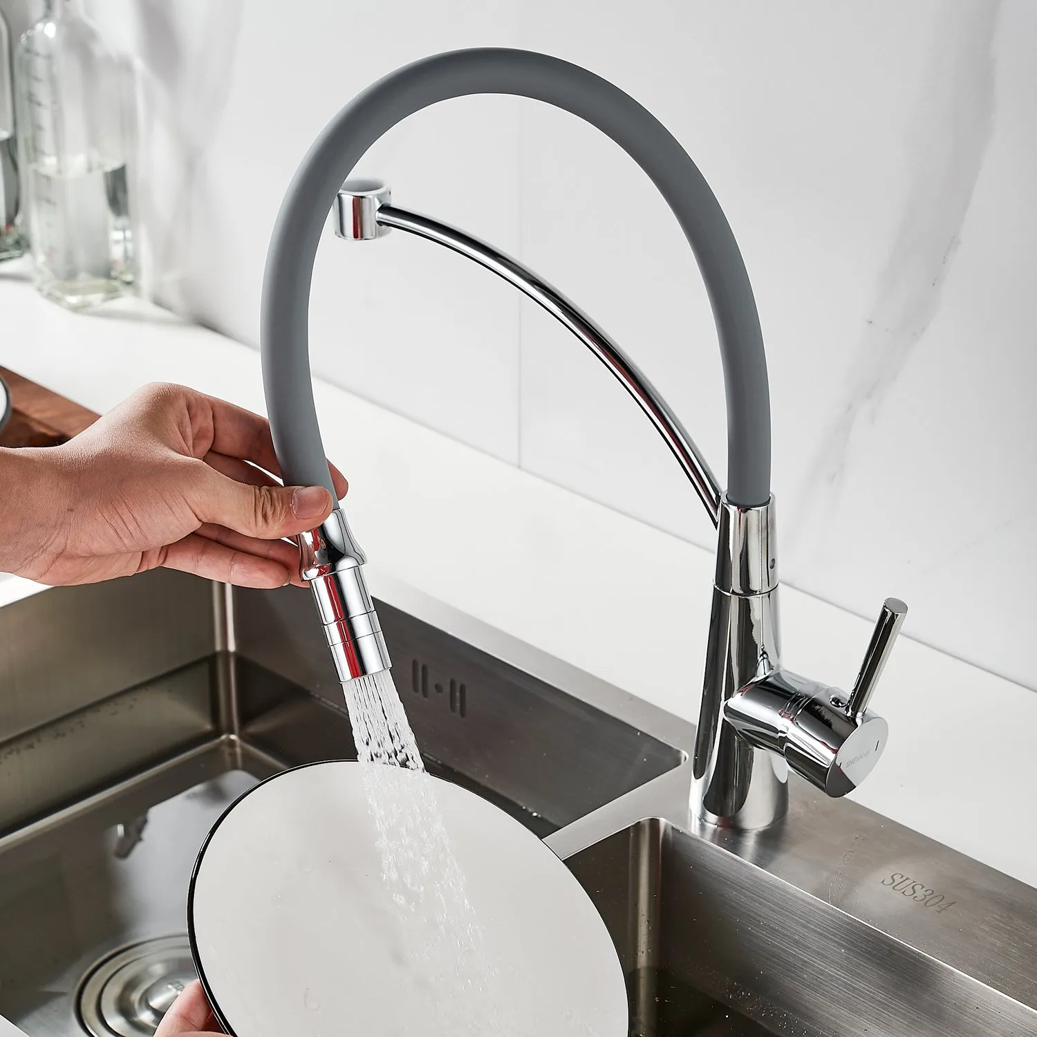 Смеситель для кухни с гибким изливом Shevanik S743-9, хром/серый