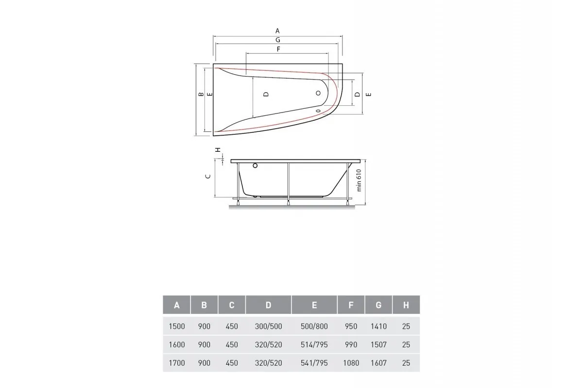 Ванна акриловая правосторонняя Vayer BOOMERANG Гл000009591, 170x90