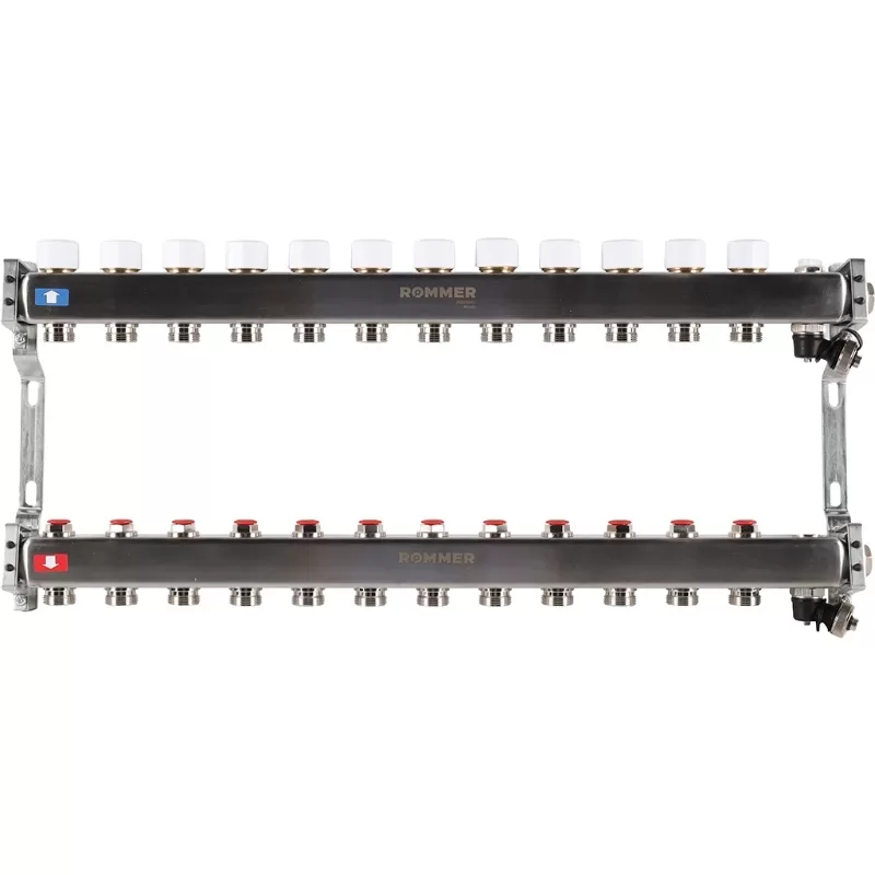 Коллектор Rommer 1"x3/4" на 12 контуров с запорными клапанами (нерж. сталь) (RMS-3201-000012)