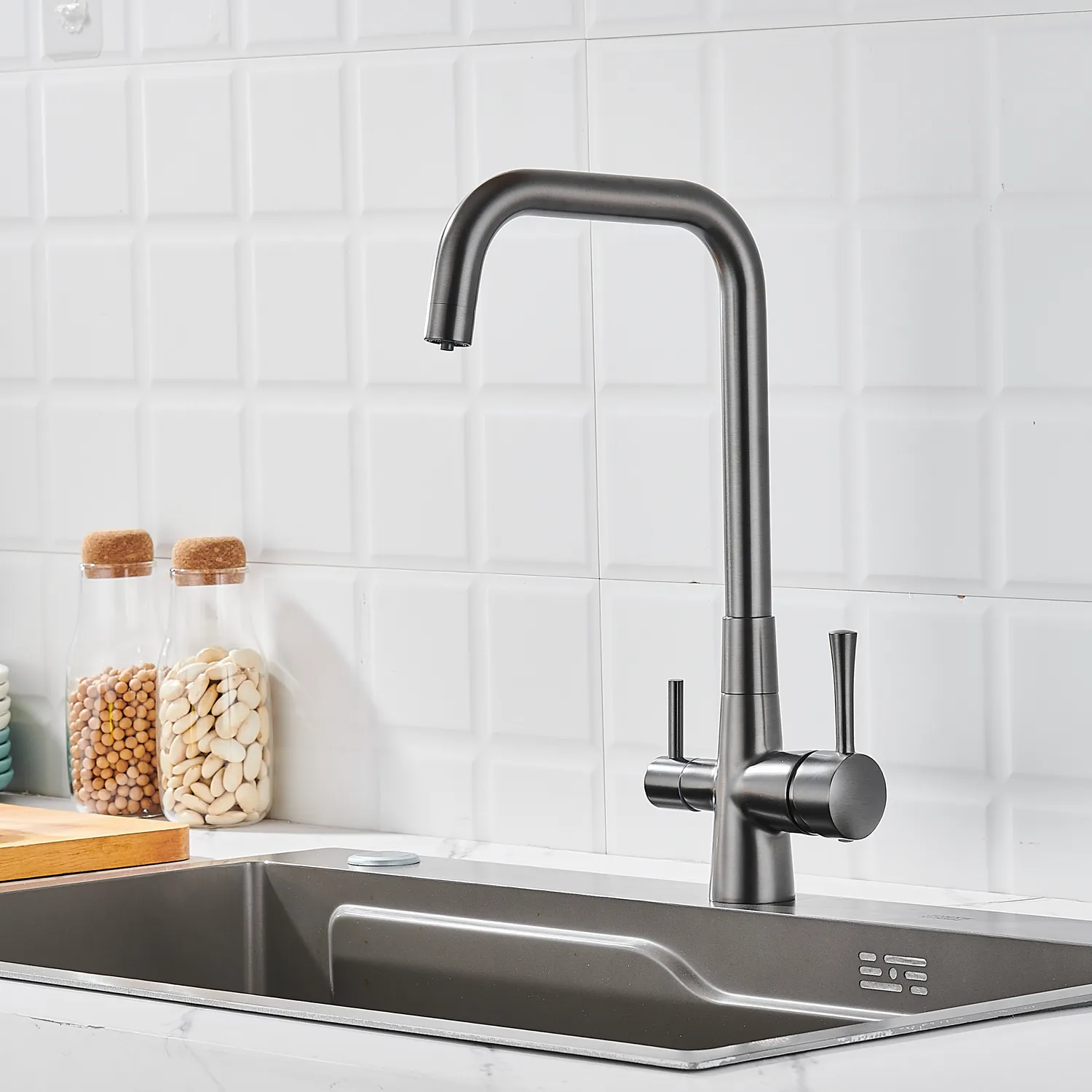 Смеситель для кухни с подключением фильтра Shevanik S528T, оружейная сталь