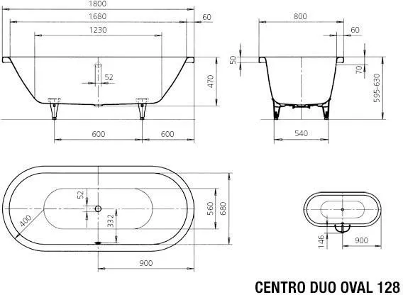 Ванна Centro Duo Oval Мод.128 180х80 + Слив-перелив Kaldewei KA 4040 белый, d=100мм