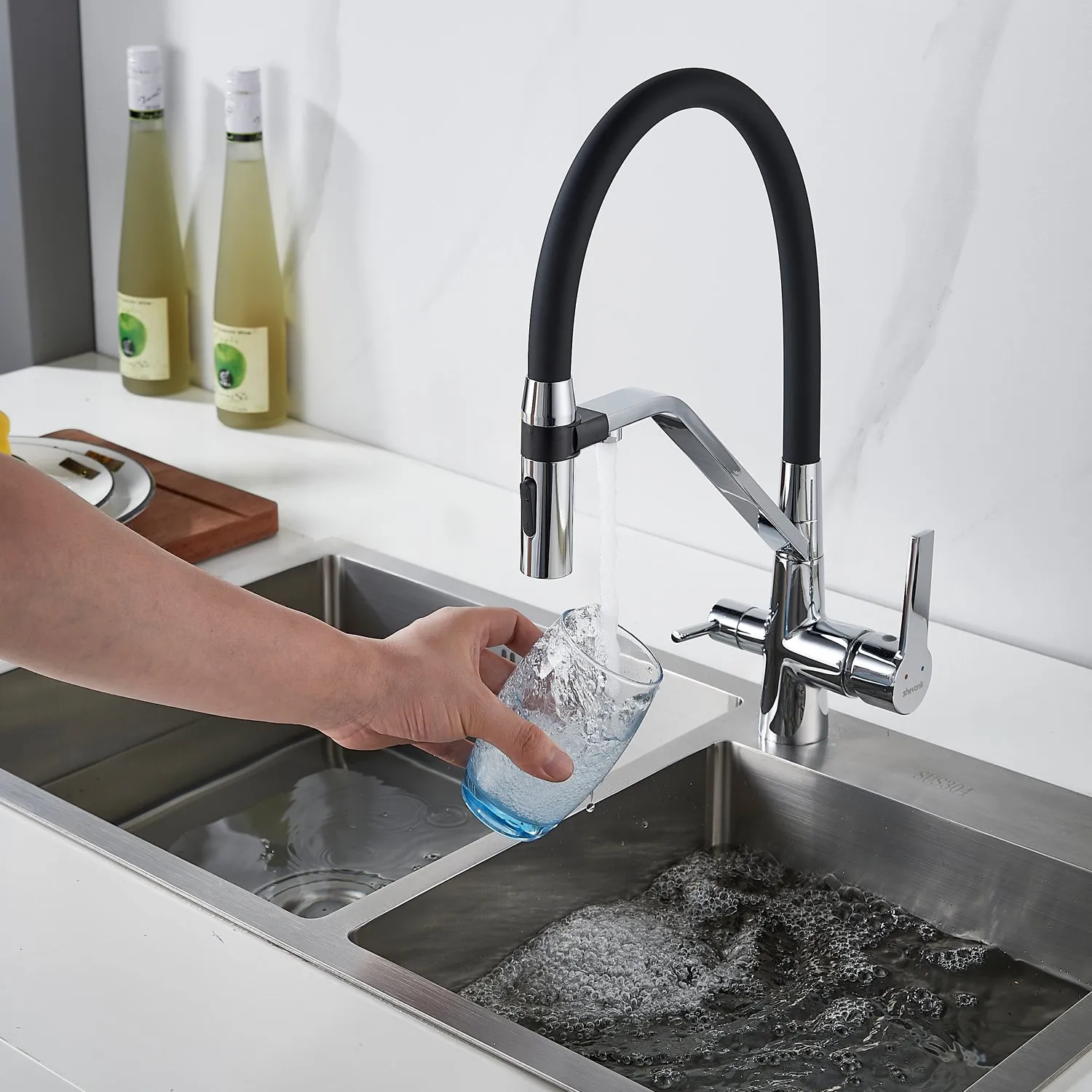 Смеситель для кухни с гибким изливом и подключением фильтра Shevanik S278, хром