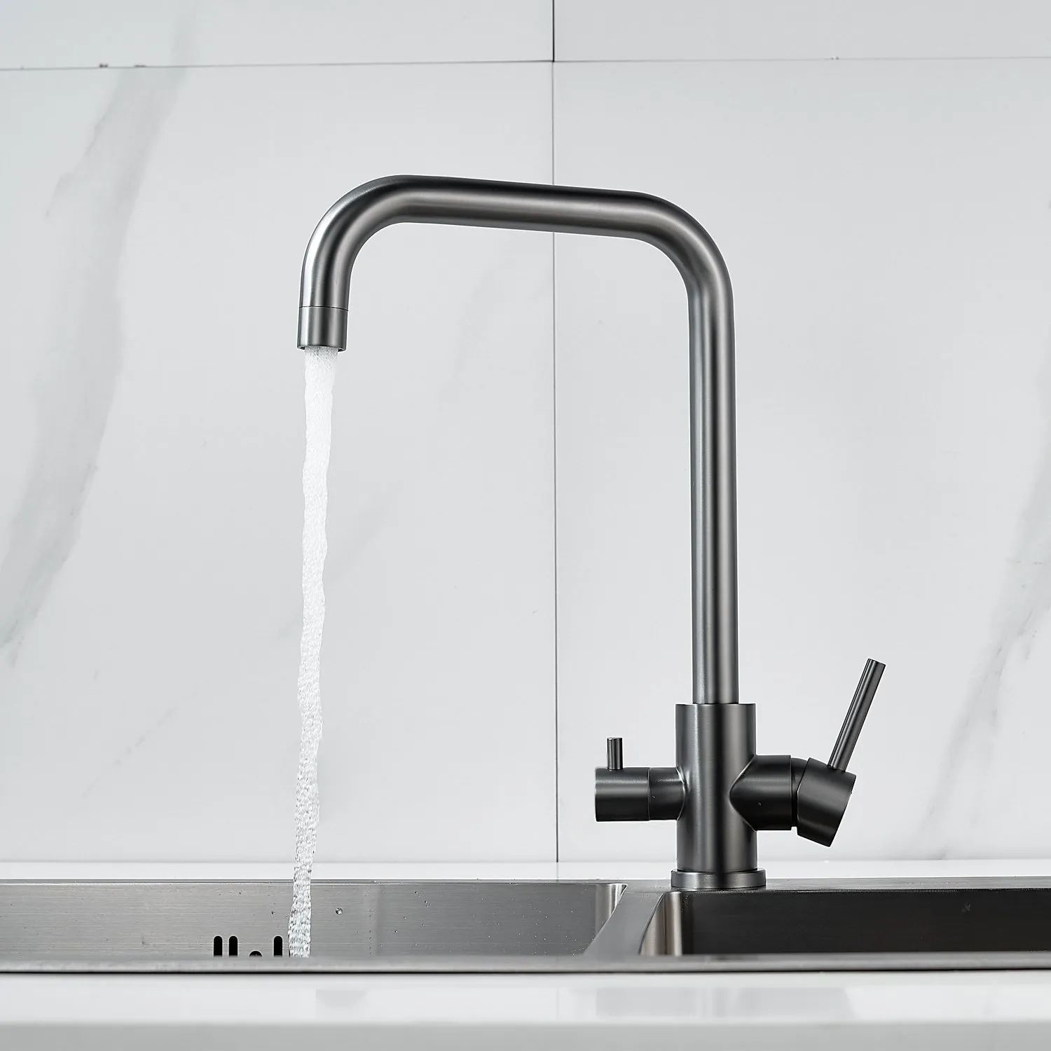 Смеситель для кухни с подключением фильтра воды Raffine F118T, оружейная сталь