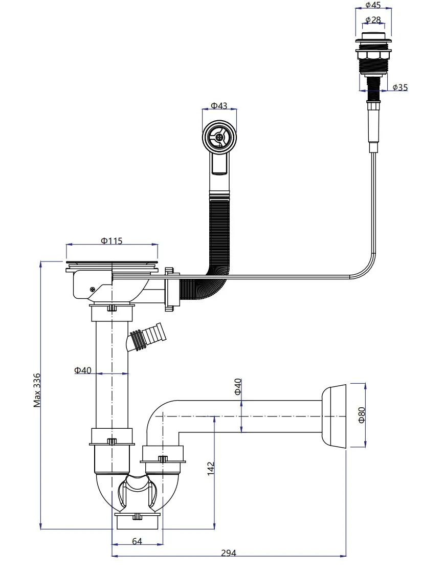 Сифон одинарный  3 1/2" п/авт с круг пер черный