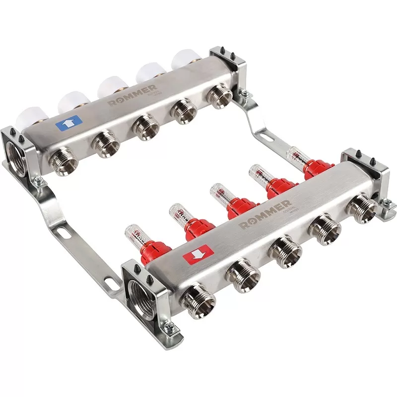 Коллектор Rommer 1"x3/4" на 5 контуров с расходомерами (нерж. сталь) (RMS-1200-000005)