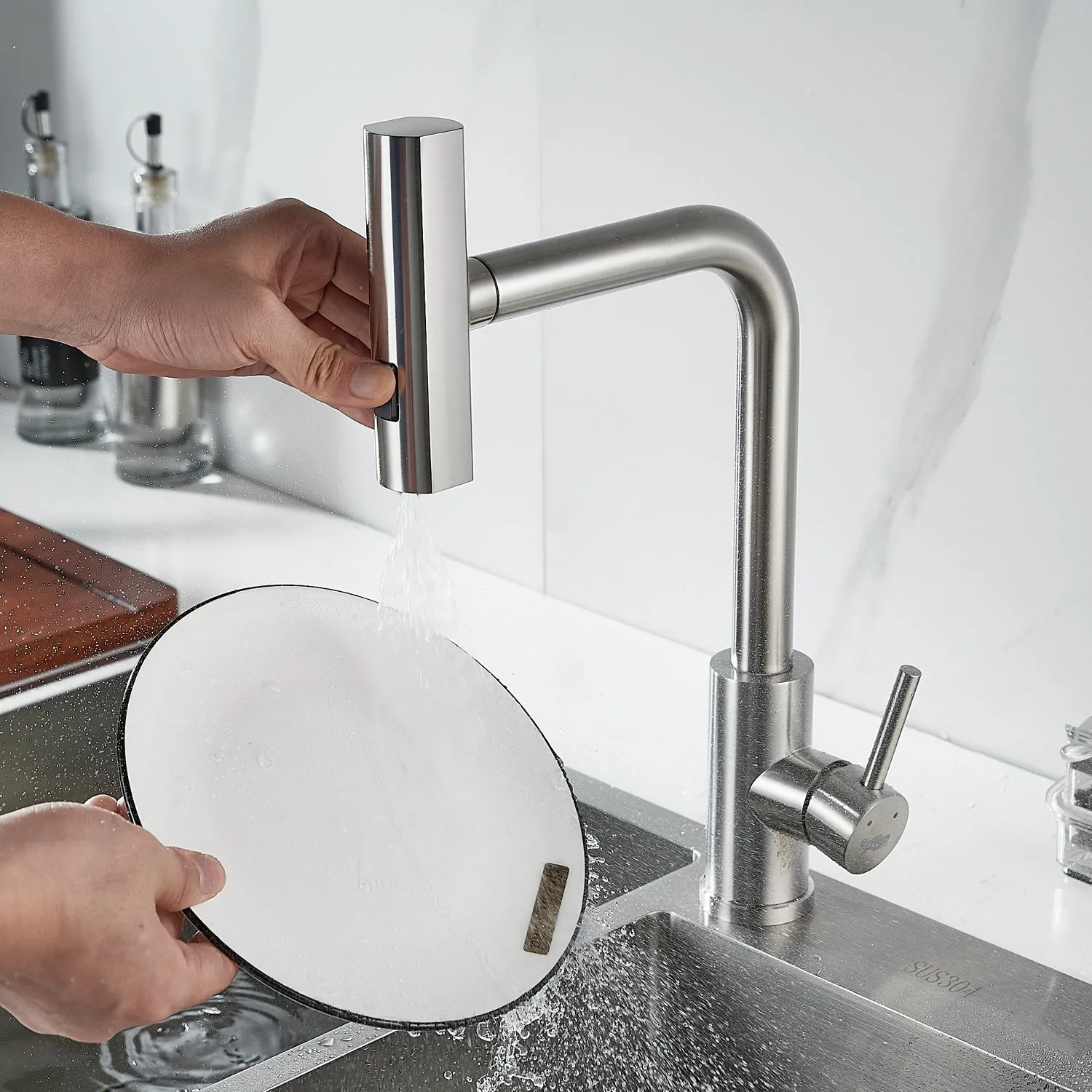 Смеситель для кухни с мультифункциональным изливом Raffine F203L, сатин