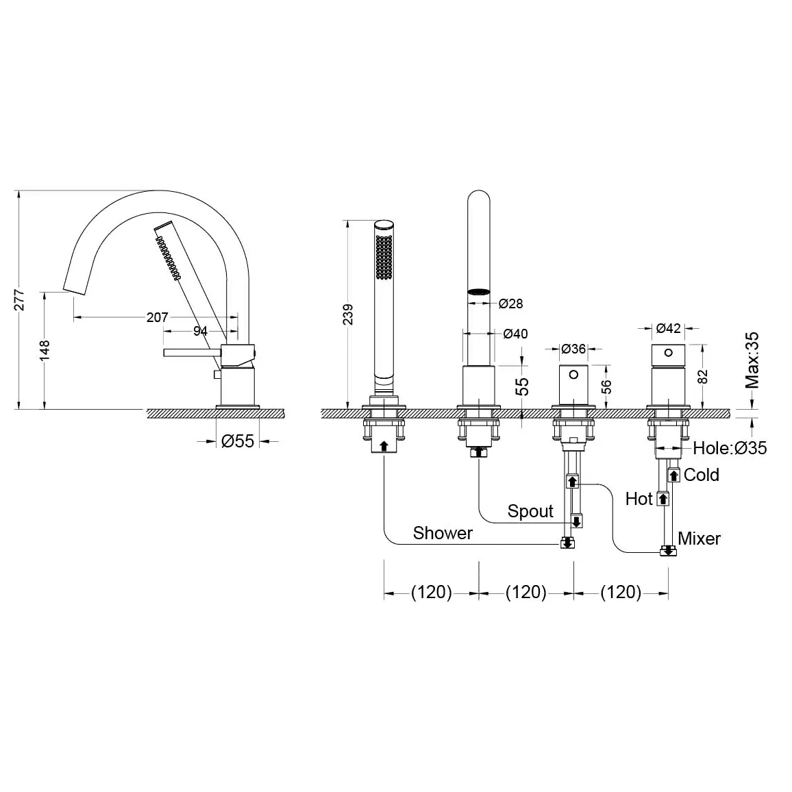 AQ1348BGM ЕВРОПА смеситель на борт ванны на 4 отв., шлиф. черный хром