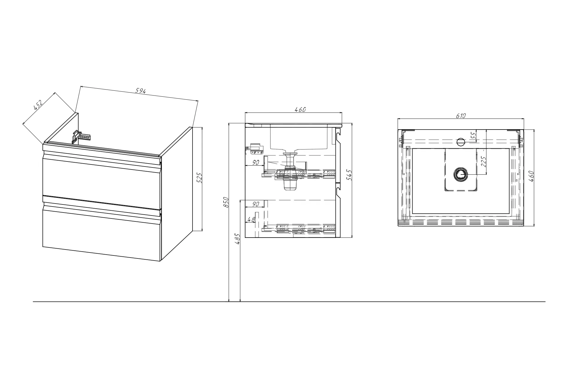 AQ77060-LG Комплект мебели: Тумба 60см ВЕГА с раковиной AQ0460-00, 2 ящика, цвет серый туман