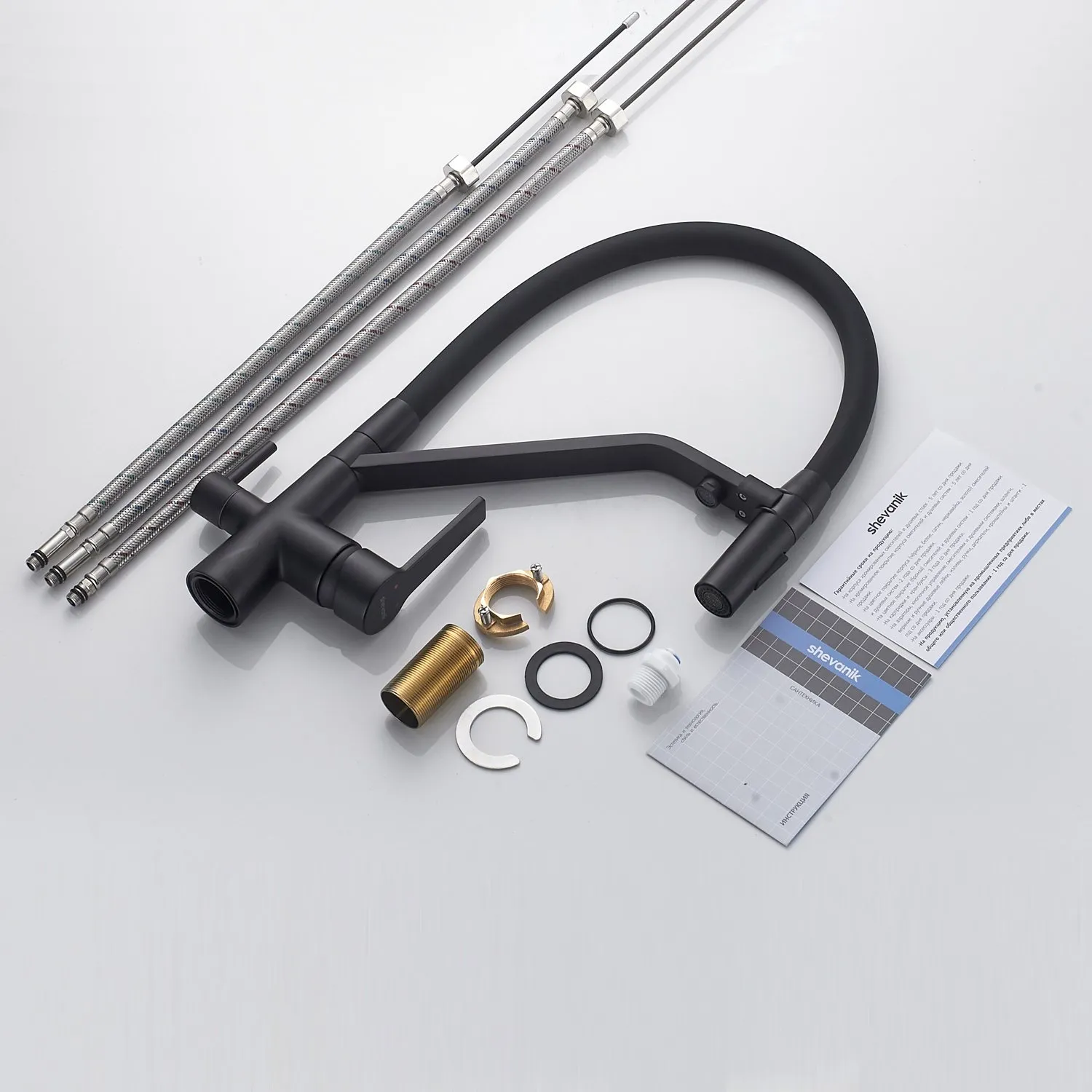 Смеситель для кухни с гибким изливом и подключением фильтра Shevanik S278H, черный