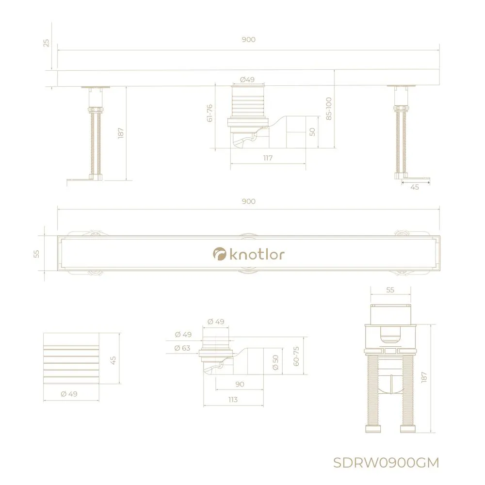 Душевой трап линейный Knotlor SDRW0900GM, вороненая сталь