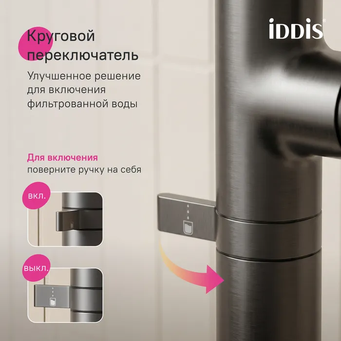 Смеситель для кухни IDDIS Спин (Spin) с каналом для фильтрованной воды и круговым дивертором, графит (SPNGMCFi05)
