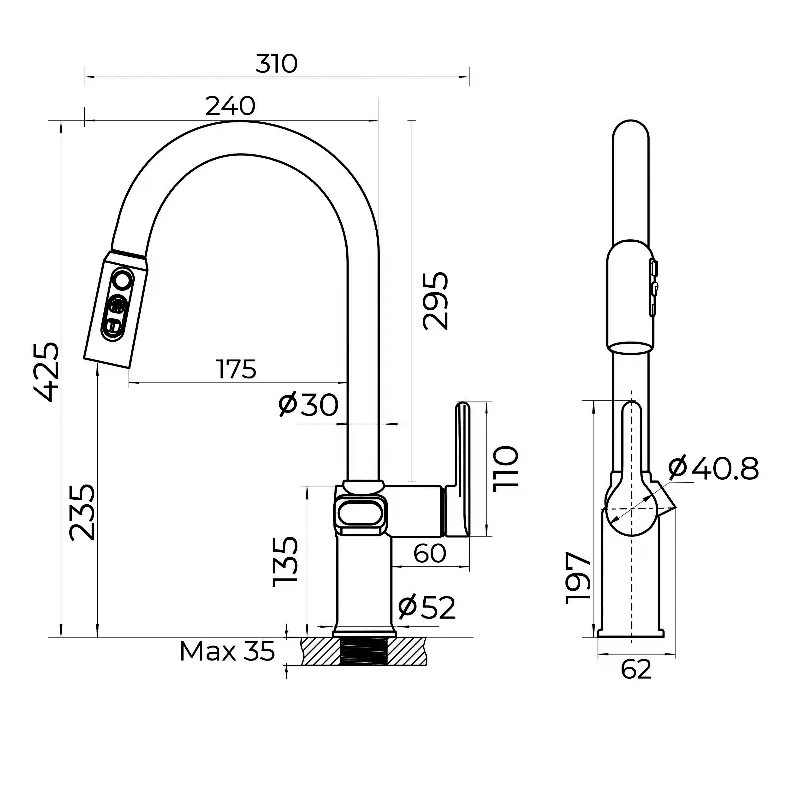 Смеситель для кухни с индикатором температуры Knotlor KN-100/RB, бронза