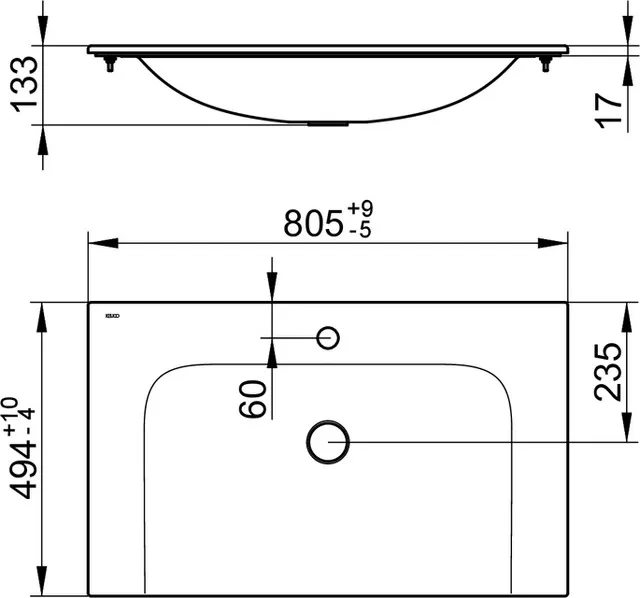 32960318001 PLAN Керамический умывальник 805x17/133x494 mm, 1 отверстие под смеситель, без перелива, со сливом-переливом CLOU , белый Clean Plus
