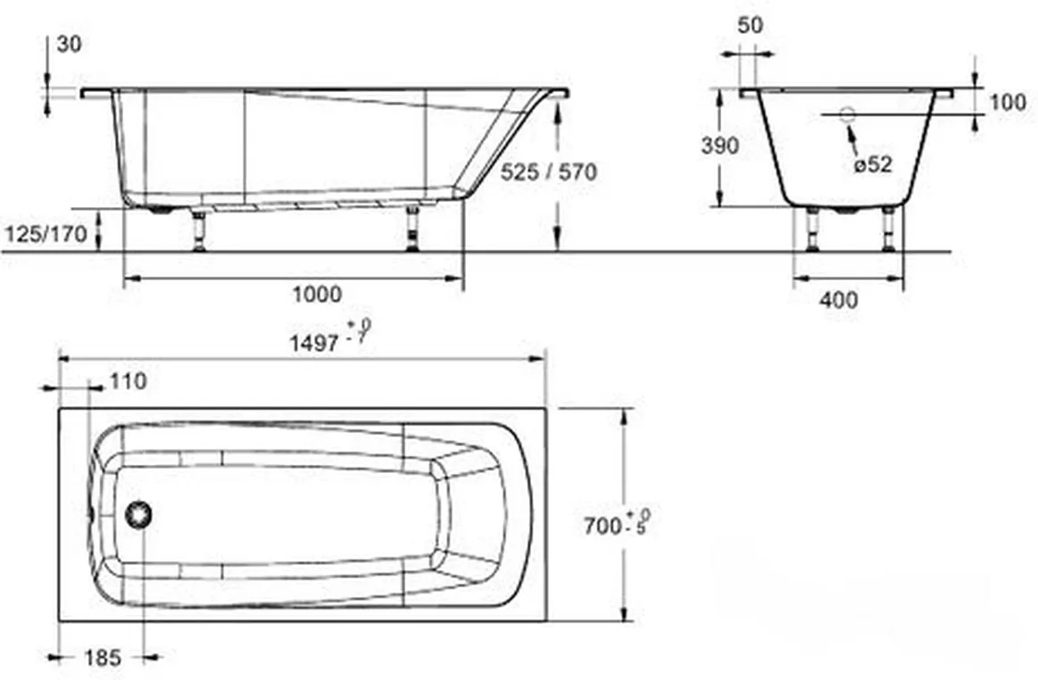 Комплект Patio E6810RU-01 прямоугольная ванна 150*70 + Patio E6121RU-01 фронтальная панель для ванны 150*70 с крепежом