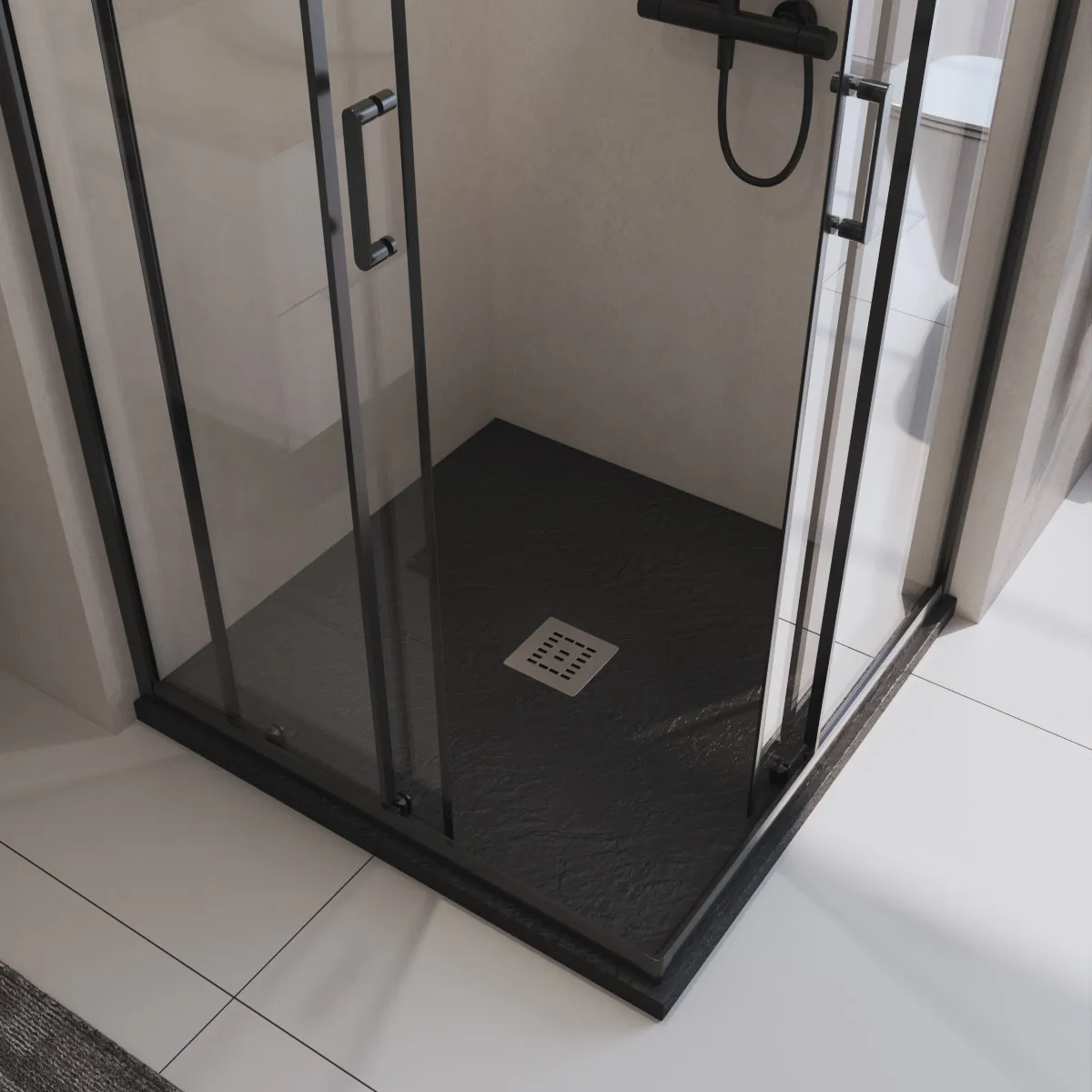 Душевой поддон из искусственного мрамора в комплекте с сифоном BelBagno Uno 900х900 мм, чёрный матовый (TRAY-MR-UNO-A-90-35-NERO-CR)