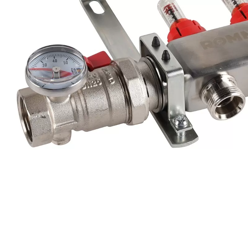 Коллектор Rommer 1"x3/4" на 2 контура с расходомерами в сборе (нерж. сталь) (RMS-1210-000002)